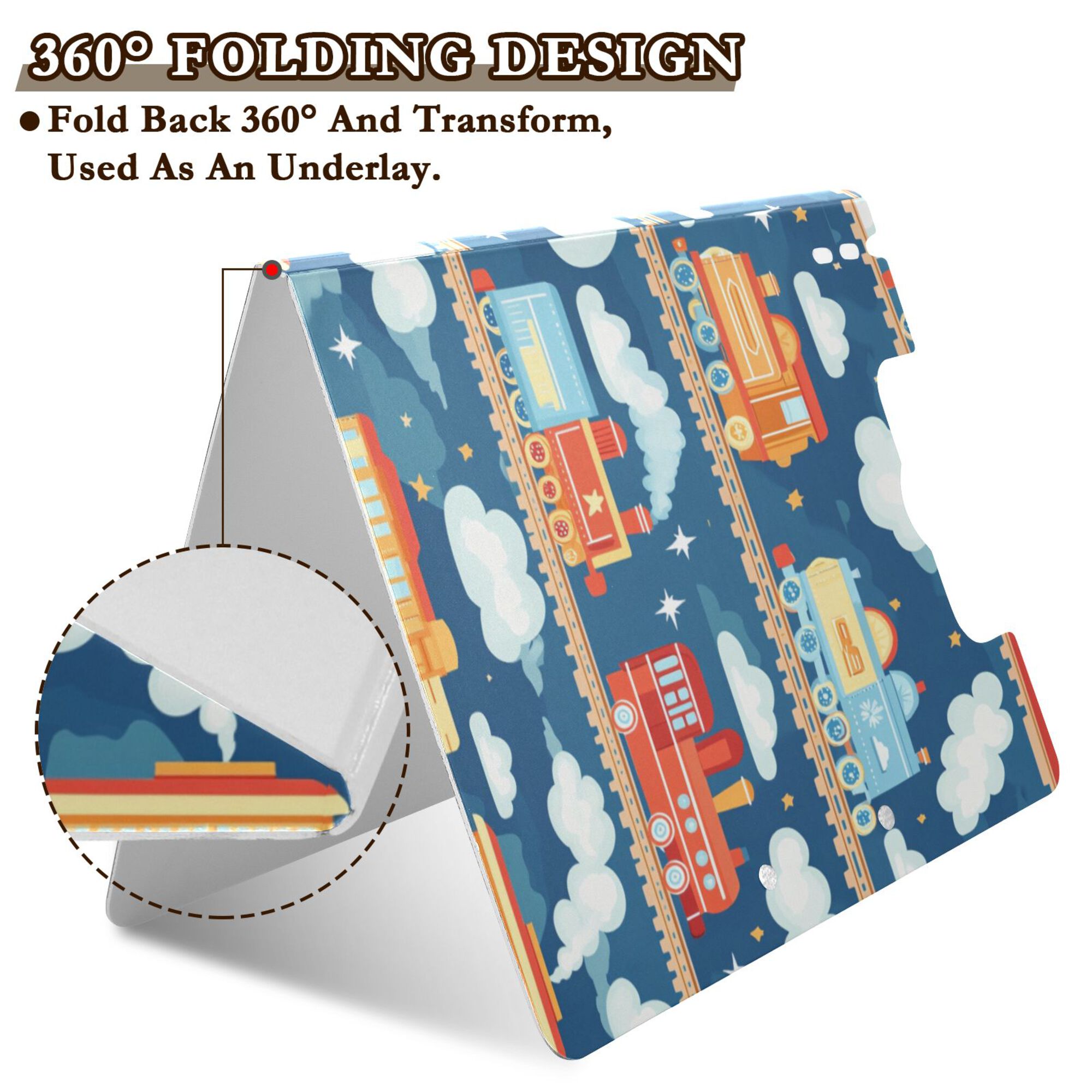 FORMRS A4 Clipboard Folder with Pen Holder Horizontal Foldable School Office Binder, Blue Cute Train Pattern