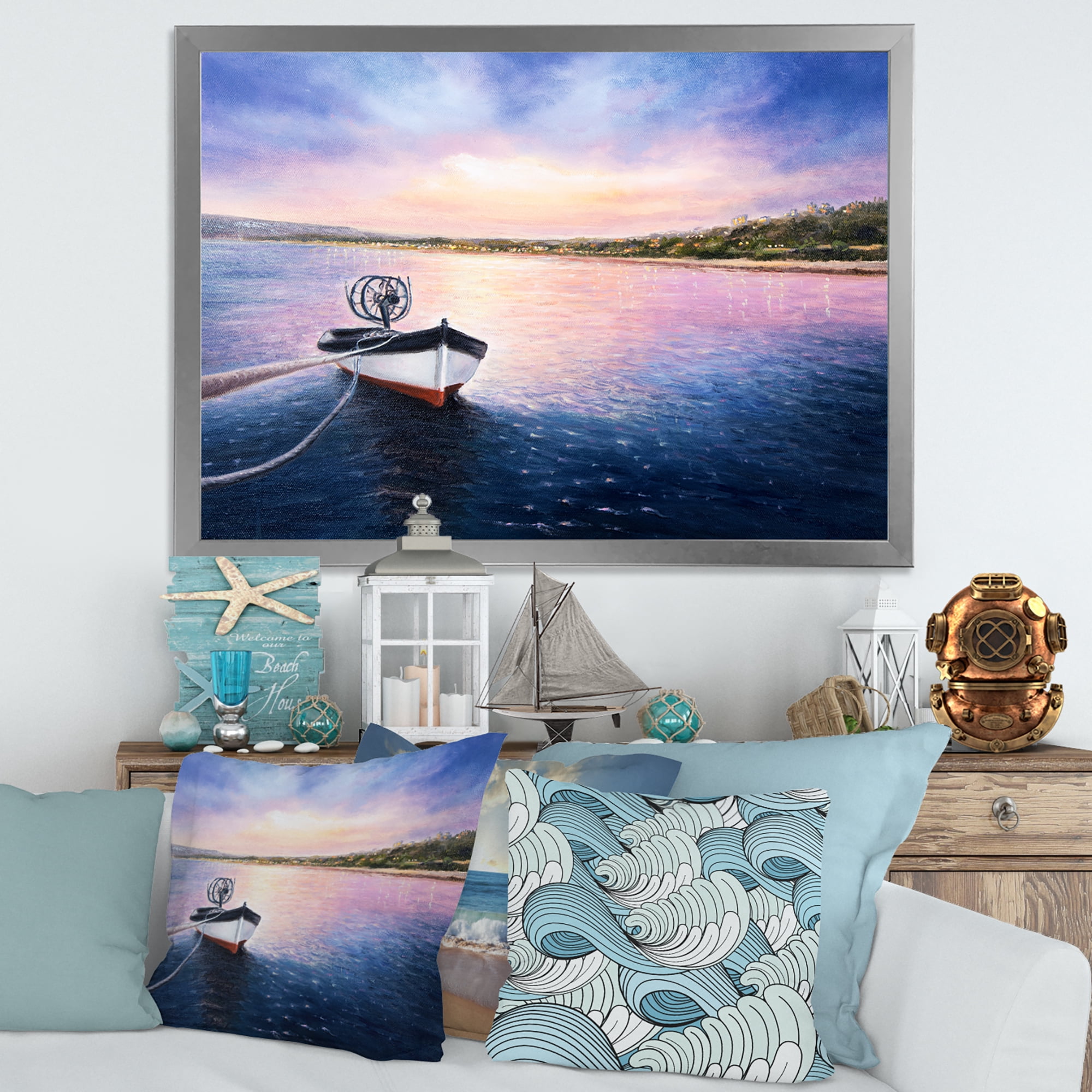 Designart 'VIbrant Sunset Over Fishing Boat By The Shore' Lake House Framed Art Print
