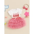 thumbnail image 3 of Suealasg 3Pcs Baby Girl 1st Birthday Outfits 6M 12M 18M Newborn Girls Casual Summer Clothes Set Letter Print Rompers Layered Tulle Tutu Skirts Headband, 3 of 8