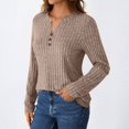 thumbnail image 5 of WTOBBY Women's T Shirt Tee Button Long Sleeve Daily Weekend Fashion Basic V-Neck Regular Top - Casual Comfort Wear with Button Detail for Stylish Outfits,Light Brown XL, 5 of 6