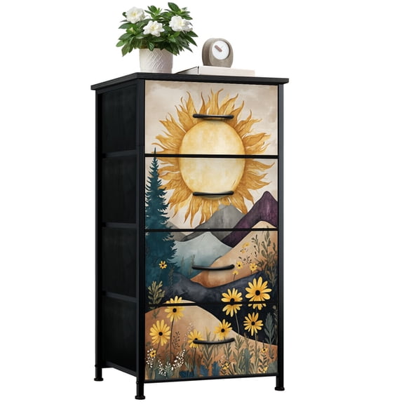 Boho Dresser for Bedroom with 4 Storage Drawers Mountain Western Daisy Floral Landscape Rustic Fern Modern Dressers Chest of Drawers Steel Framed Fabric Closet Organizers for Entryway