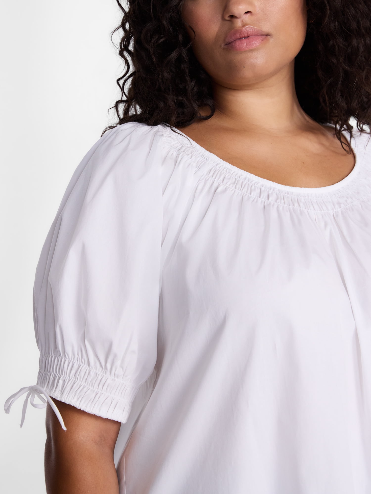 Terra & Sky Women's Plus Scoop Neck Top with Short Tie Puff Sleeves, Sizes 0X-5X