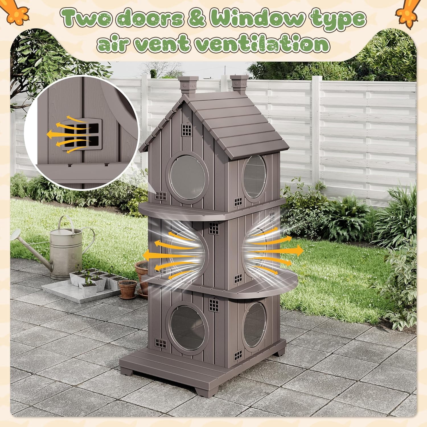 FICARTS Indoor/Outdoor Cat House, Weather-Resistant Pet Shelter with Elevated Base, Multi-Entry Cat Cottage for Feral & Household Cats