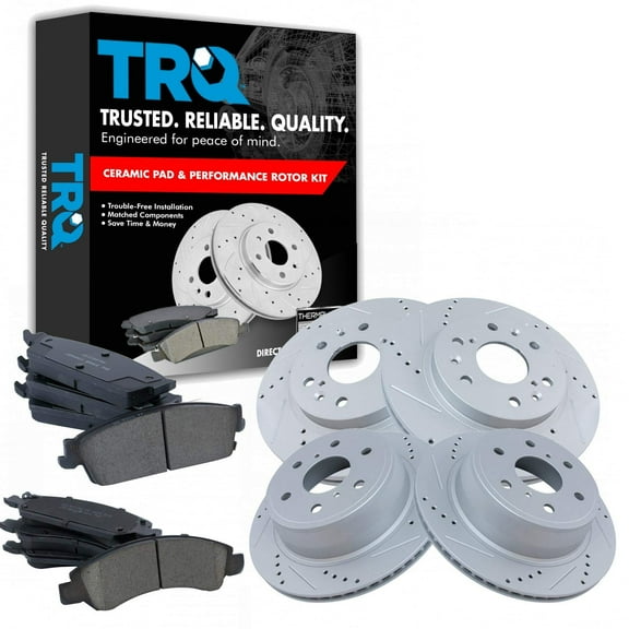 TRQ Front & Rear Performance Drilled & Slotted Rotor & Posi Ceramic Pad Kit