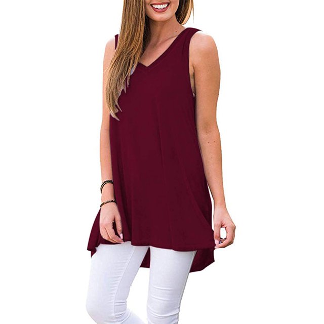 Jumpingount Camiseta sin mangas para mujer Camiseta sin mangas con cuello en V Blusa con cuello en V Chaleco de color sólido Vestidos Vino rojo L Jumpingount AP003123-13
