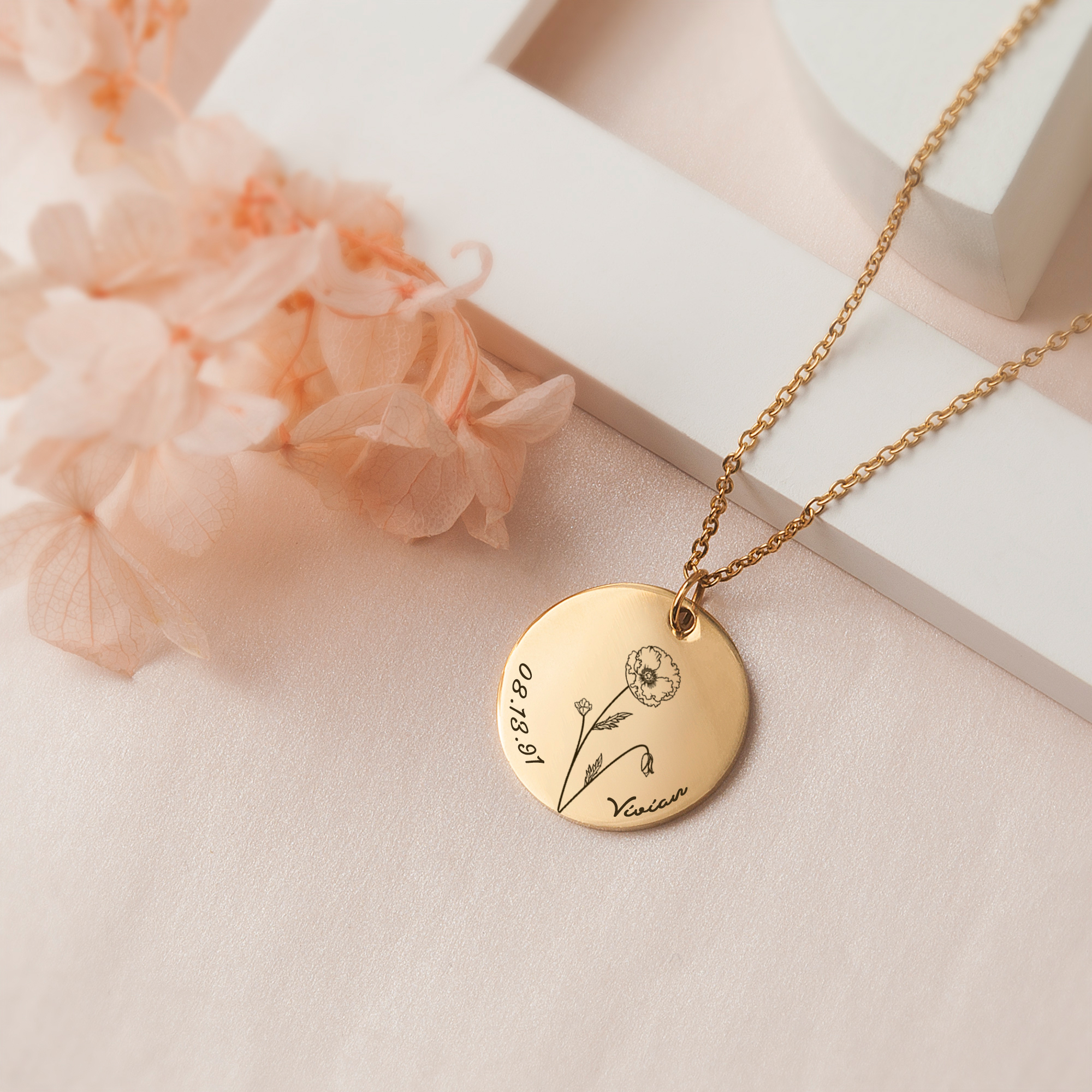 Anavia Personalized Womens Birth Flower Round Stainless Steel Charm Necklace Gift for Her