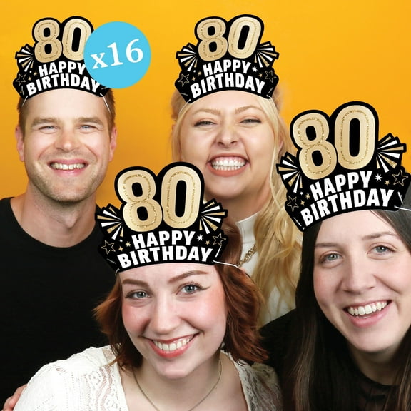 Big Dot of Happiness 80th Birthday Paper Crowns, Happy Birthday Party Headbands for Adults, DIY Black & Gold Milestone Party Hat Favors, 16 Count