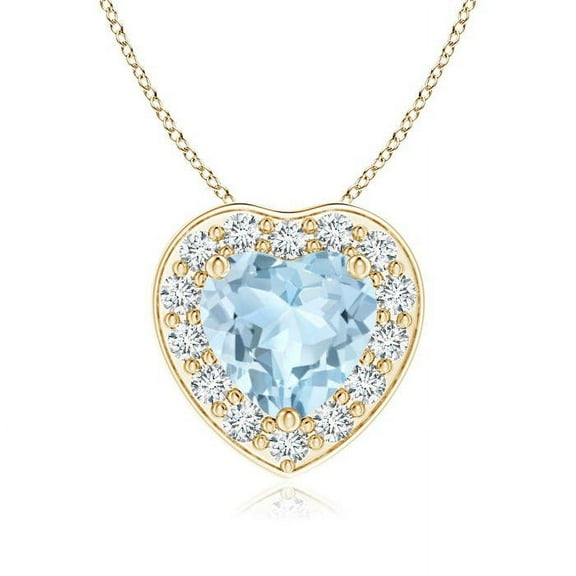 ANGARA Natural Heart-Shaped Aquamarine Pendant with Diamond Halo in 14K Yellow Gold for Women (Size-6mm) | March Birthstone, Anniversary, Jewelry Gift for Women | Natural Aquamarine Necklace