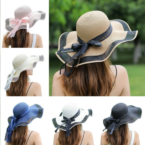 Meidiya Summer Women Straw Sun Hat Bowknot Wide Brim Floppy Sun Visor Hats Outdoor UPF 50 Sun Protection Straw Beach Hat