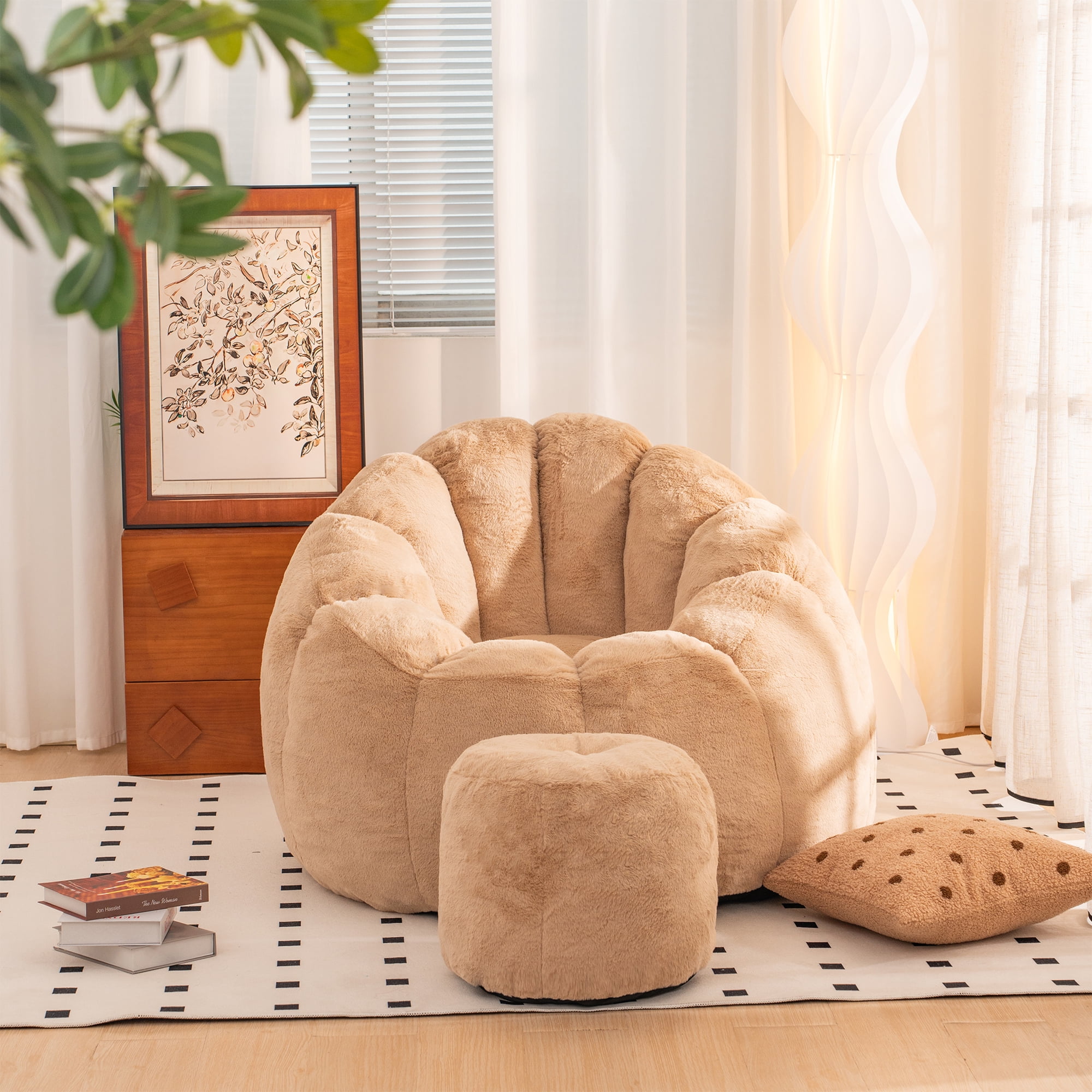 Giant Bean Bag Chair, Oversized Bean Bag Couch for Adults and Kids, Faux Fur Shell-Shaped Large Bean Bag Chair with Filler, Stuffed Big Accent Sofa Chair Floor Sofa for Gaming, Reading
