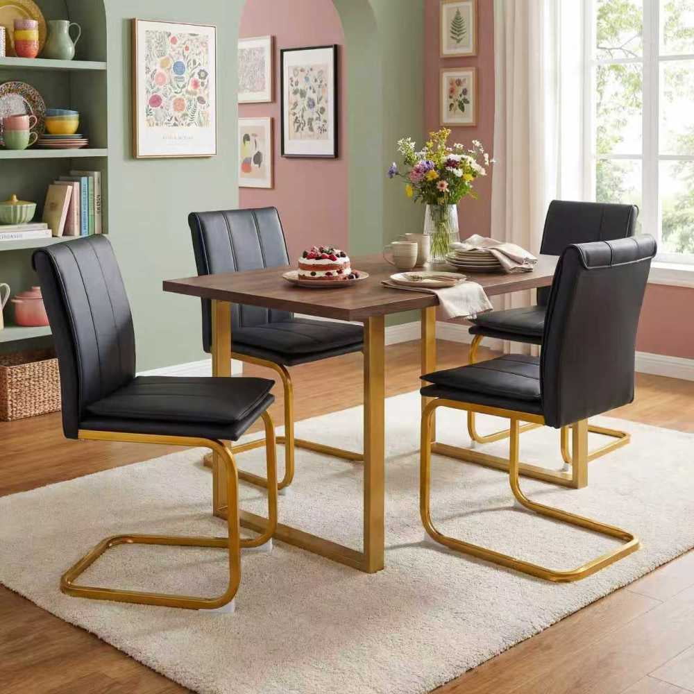 Modern dining chairs set of 4, PU leather black kitchen chairs, restaurant chairs, suitable for kitchens, living rooms, bedrooms, and offices, and metal legs, Golden
