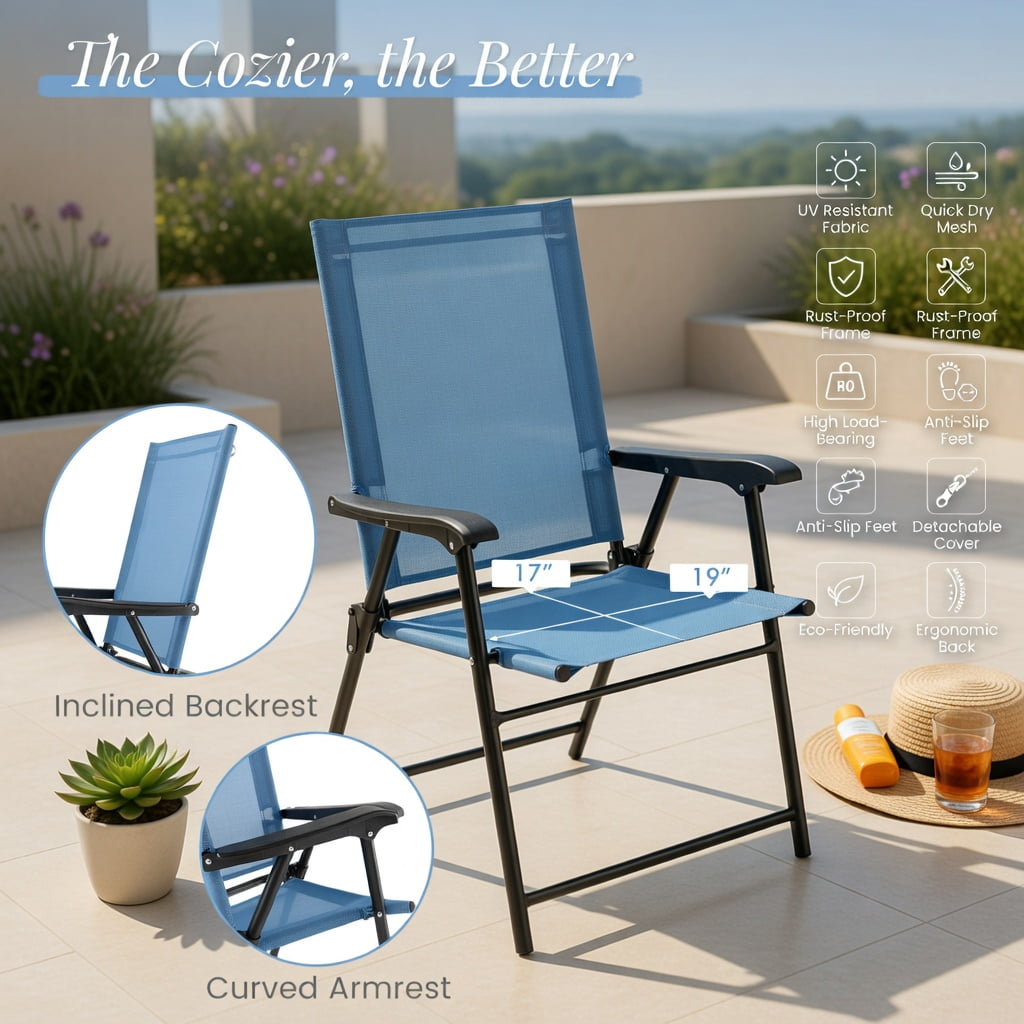 Hommoo 2-Pack Folding Patio Dining Chairs with Armrests, Metal Outdoor Chairs, No Assembly Required, Blue