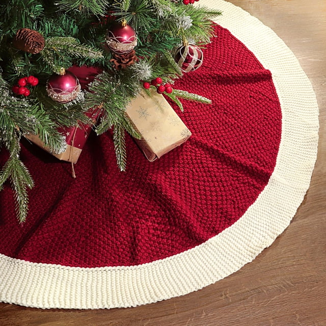 Falda con forma de árbol de Navidad, tejida, 122 cm, color rojo y blanco