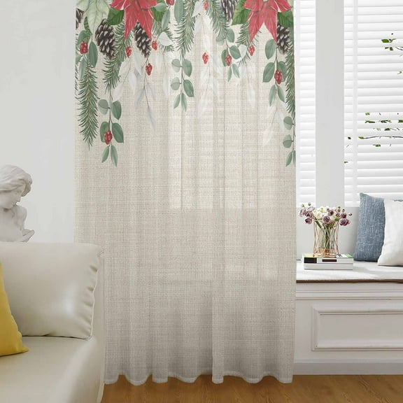 Christmas Eucalyptus Semi Sheer Curtains Drapes for Living Room,Bedroom,French Doors Window 84 Inches Long,Xmas Pine Poinsettia Botanical Linen Rod Pocket Chiffon Curtain Voile Drapery Panel