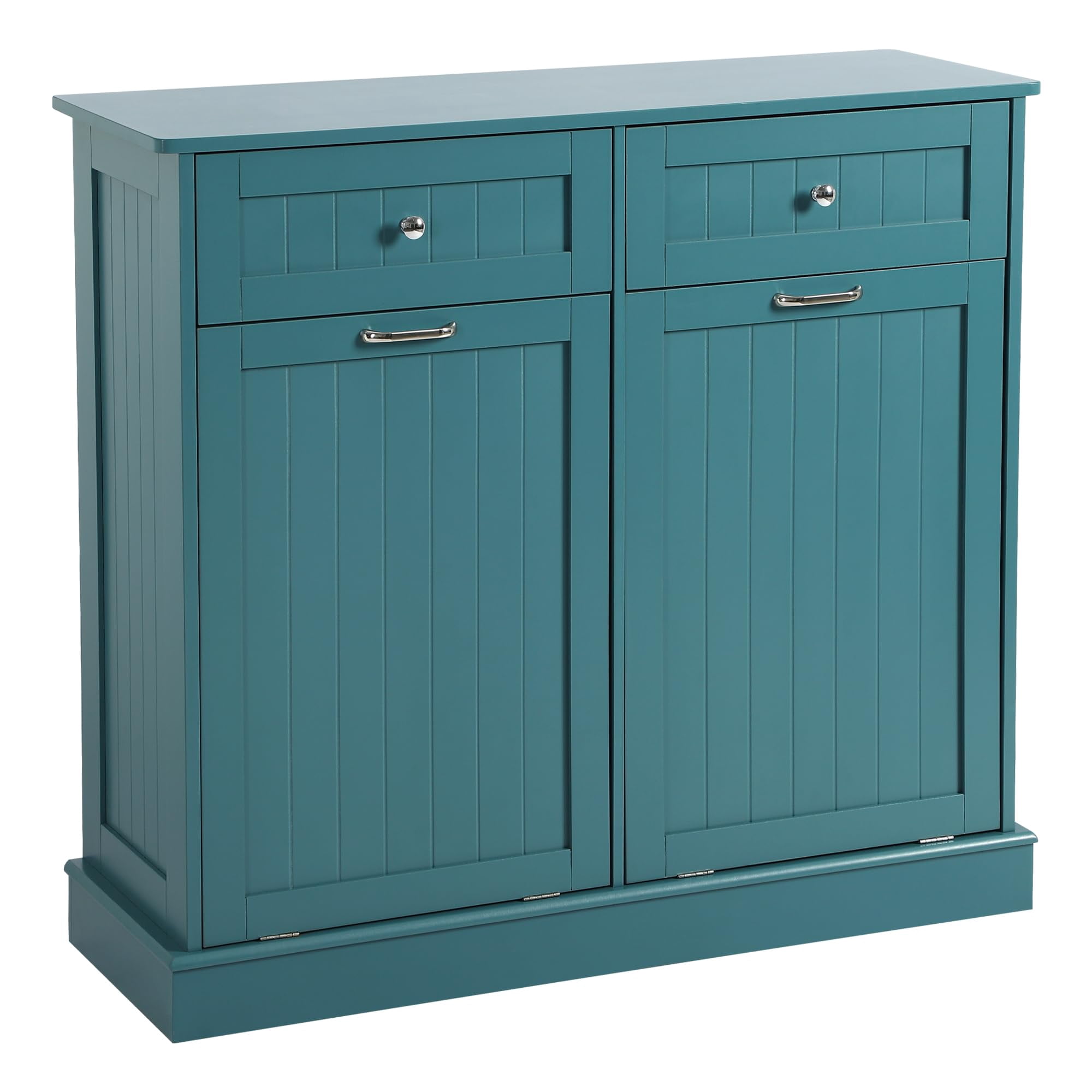 KIGOTY Dual Kitchen Trash Cabinet, Double Tilt Out Trash Can Cabinet with Countertop and Drawer, Free-Standing Pet Proof Recycling Cabinet Garbage Can Holder (Lake Blue)