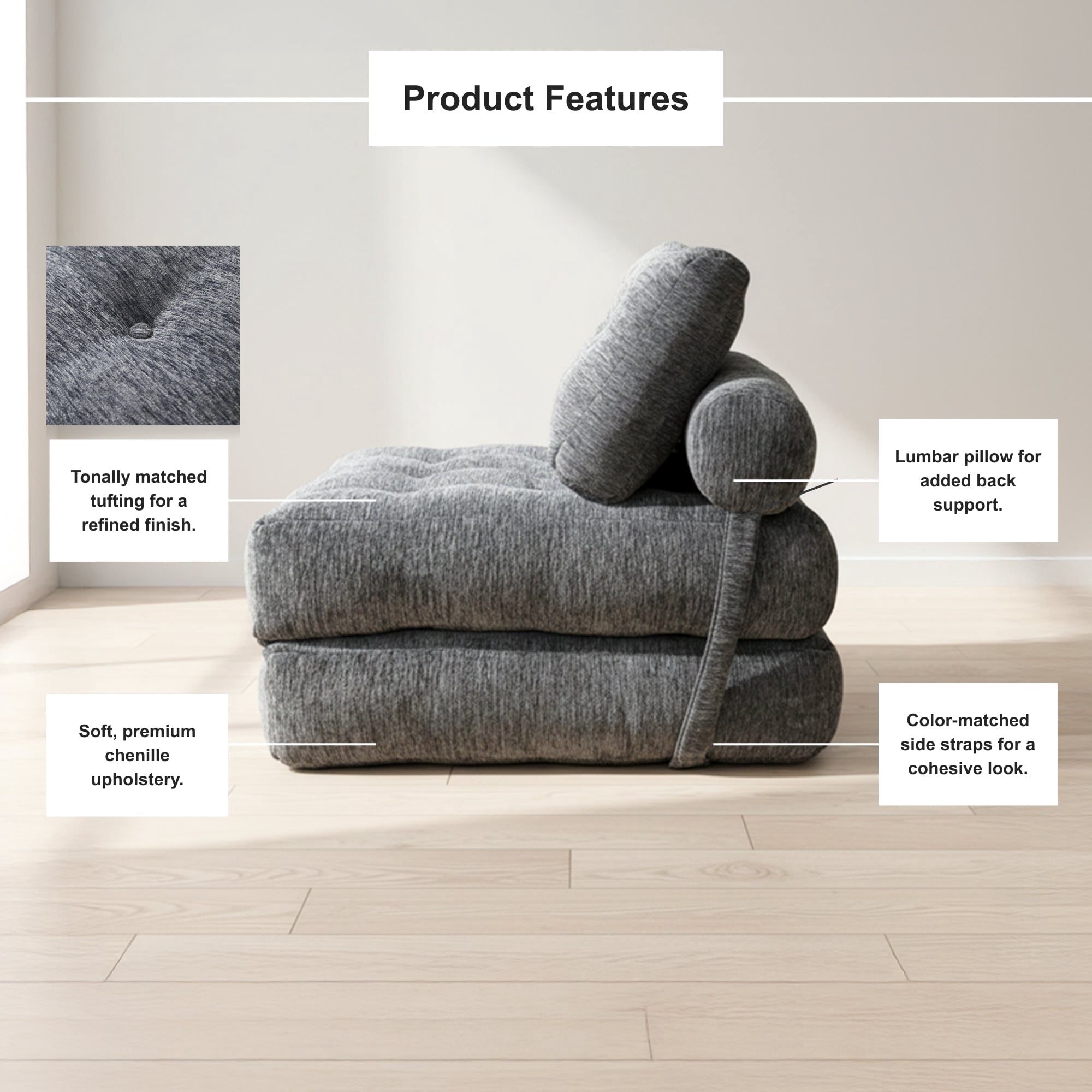 Oak and Birch Boneless Folding Sofa Bed, Convertible Floor Futon Chaise Lounge & Sleeper Bed, Shredded Foam Floor Couch for Living Room, Bedroom, Kids Room, Apartment, Chenille, Dark Gray