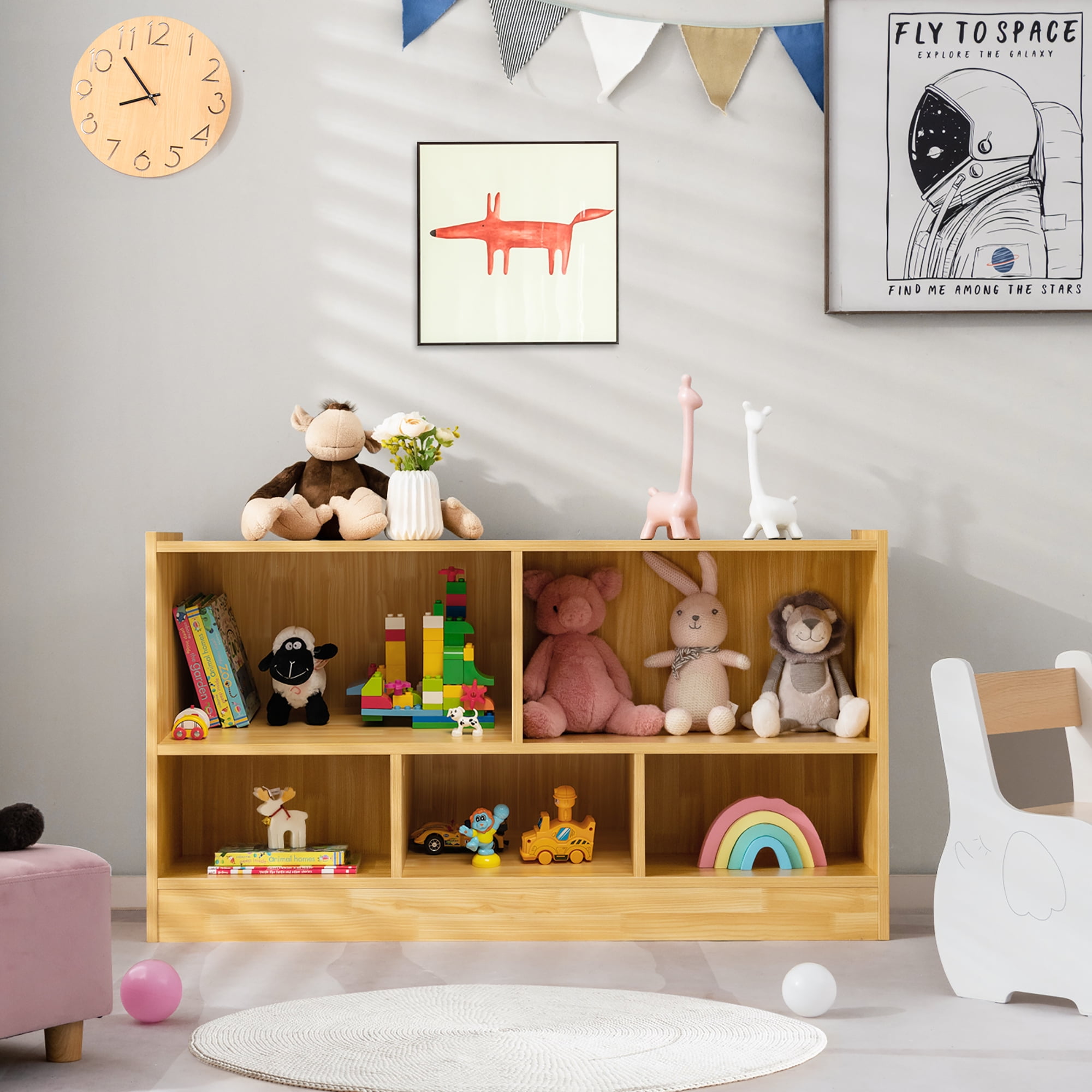 Costway Kids 2-Shelf Bookcase 5-Cube Wood Toy Storage Cabinet w/ Shelves Beige