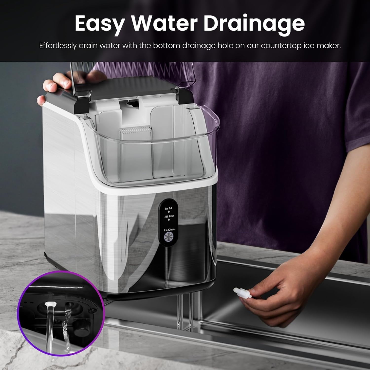 KISSAIR Nugget Ice Maker Countertop, 35lbs/24H with Self-Cleaning Function, Portable Sonic Ice Machine for Home/Office Stainless Steel,Sliver