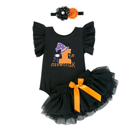

PMVFHDE Baby Saddle Blanket Toddler Kids Girls Outfit Pumpkins Letters Prints Romper Skirt Hairband 3pcs Set Outfits Purple 9-12 Months