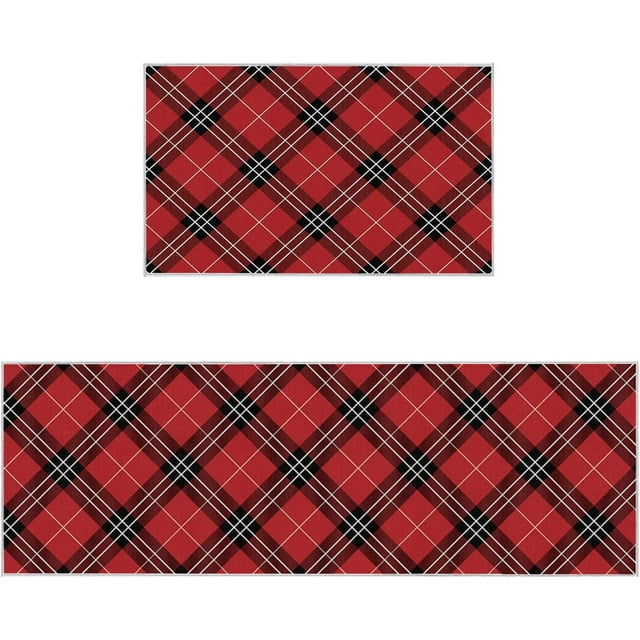 Red Geometrc Kitchen Rugs and Mats Set of 2 Classic Lattice Red Pattern British Style Kitchen Sink Mat,Non-Slip Area Runner Rug,Washable Floor Mat for Home Dining Room Office 18"x30"+18"x48"