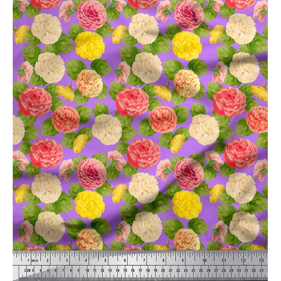 Soimoi Purple Velvet Fabric Leaves & Begonia Floral Print Fabric by the Yard 58 Inch Wide