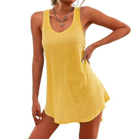 Ovticza Women s Sleeveless Mini Dress Round Neck Swimwear Coverups T-Shirt Beach Dress Tank Bikini Cover Up Yellow XS