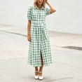 thumbnail image 4 of Ayolanni Short Sleeve Women Summer Dresses Plaid V Neck A-Line Maxi Dress Birthday Elegant Party Belted Long Dress with Puff Sleeve Green XL, 4 of 7