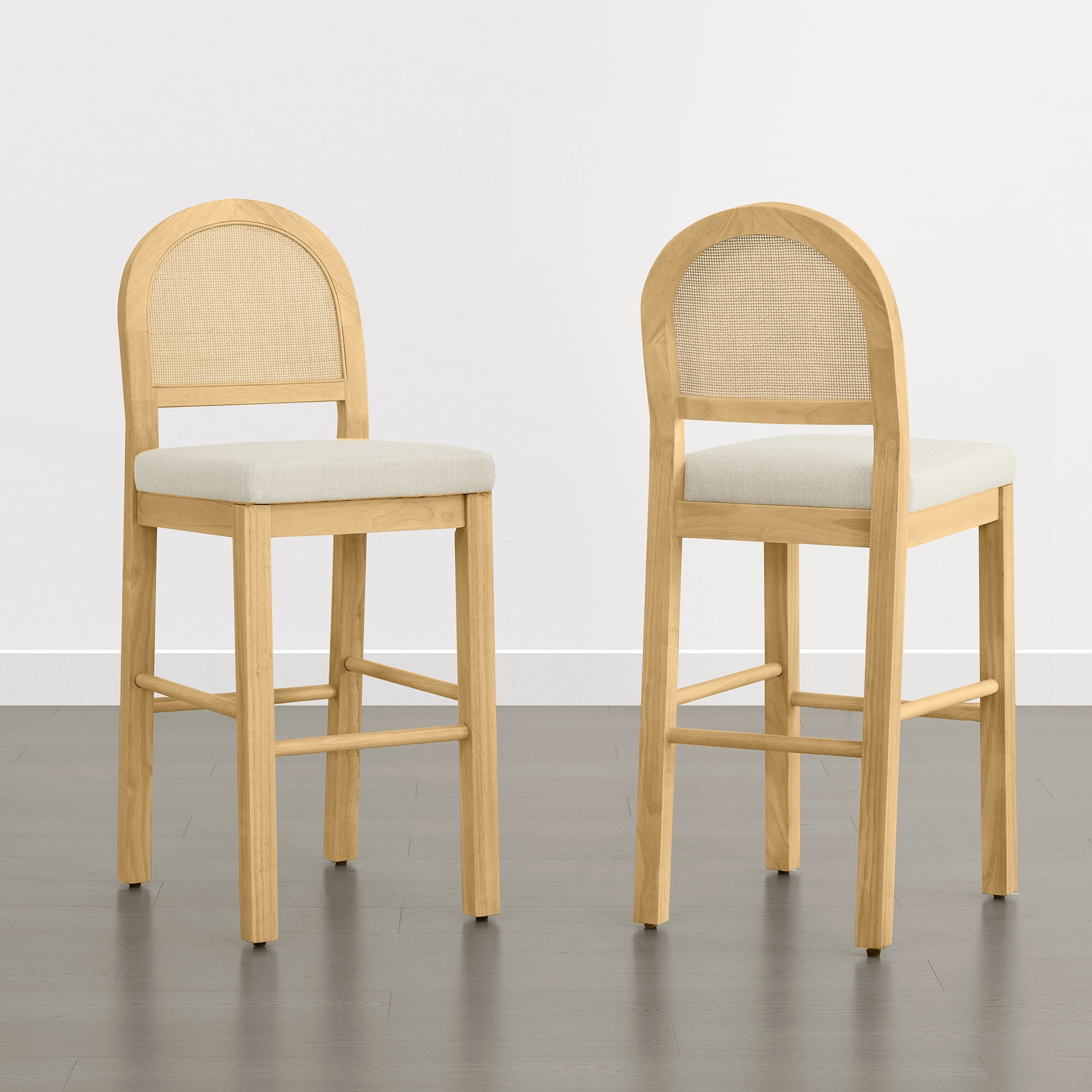 Spruce & Spring 30" Rattan Bar Height Bar Stools Set of 2 with Upholstered Seat, Natural Wood Frame for Kitchen Island, Cream Fabric