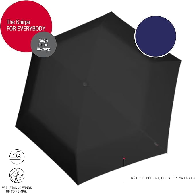 Knirps AS.050 Slim Manual Folding Rain Umbrella in Black – 38" Lightweight Fiberglass 6-Rib Pocket Canopy, Ultra-Compact 6.7oz Travel Size Design, Durable Steel Frame, Travel Case Included