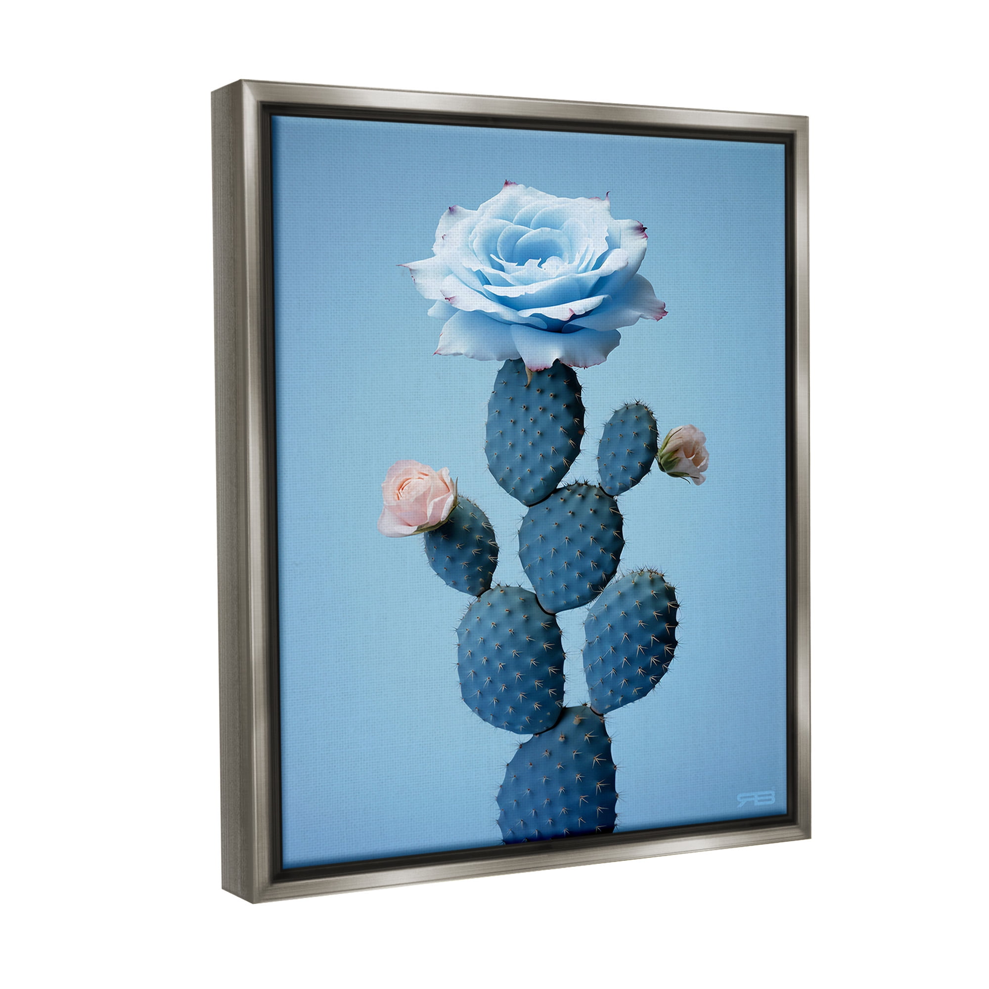 Stupell Industries Blue Rose & Cactus Botanical & Floral Painting Gray Floater Framed Canvas Art Print Wall Art, 25 x 31