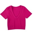 thumbnail image 2 of QUNYINEY Crop Tee Shirts for Women Pink Short Sleeve Summer Ribbed Shirt V Neck Casual Yoga Loose Fit Tops, 2 of 6
