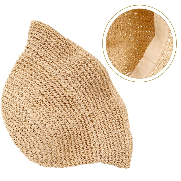 HEMOTON Stylish Bucket Hat Outdoor Summer Woven Knit Hats for Women UV Miss Beige