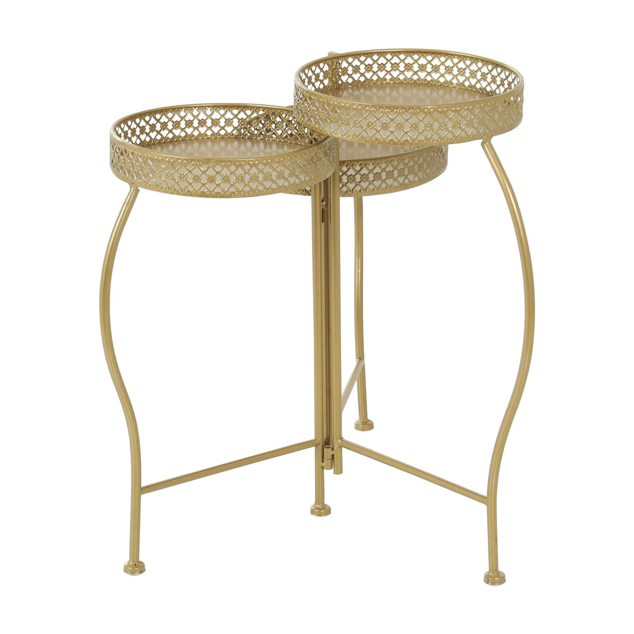 DecMode 17" x 17" x 20" 3 Tier Gold Metal Curved Folding Plantstand with Floral and Scroll Patterns