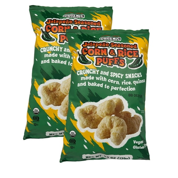 2 Pack Trader Joe’s Organic Jalapeño Seasoned Corn & Rice Puffs – 4.9 oz Bags – Spicy, Crunchy, Gluten-Free Snack