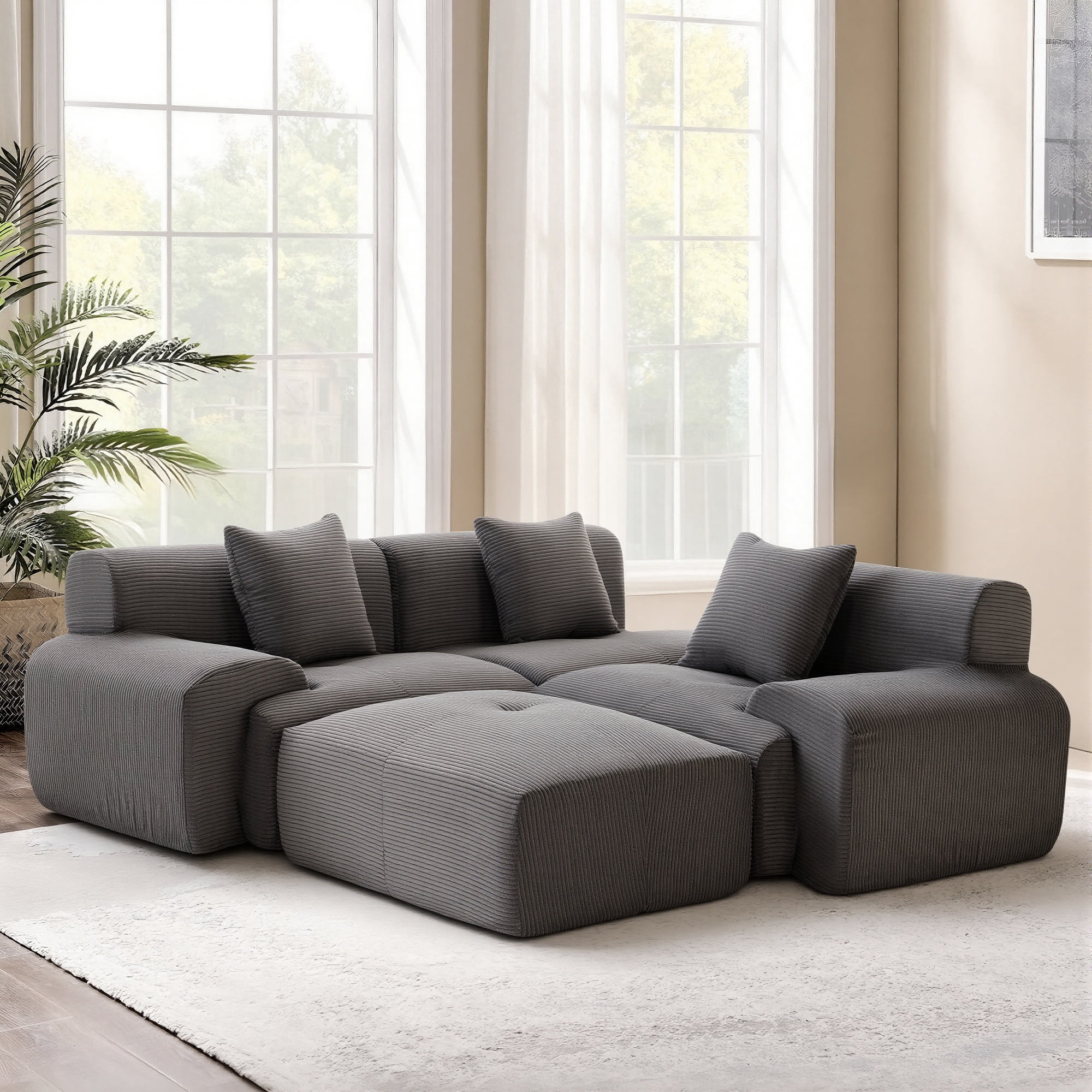 GAOHAPY 107"Modern L Shaped Modular Sectional Sofa, Oversized Corduroy Couch Deep Seat, Boneless Cloud Couch with Ottoman, 30D Sponge for Indoor Living Room, No Assembly Required(Dark Grey)