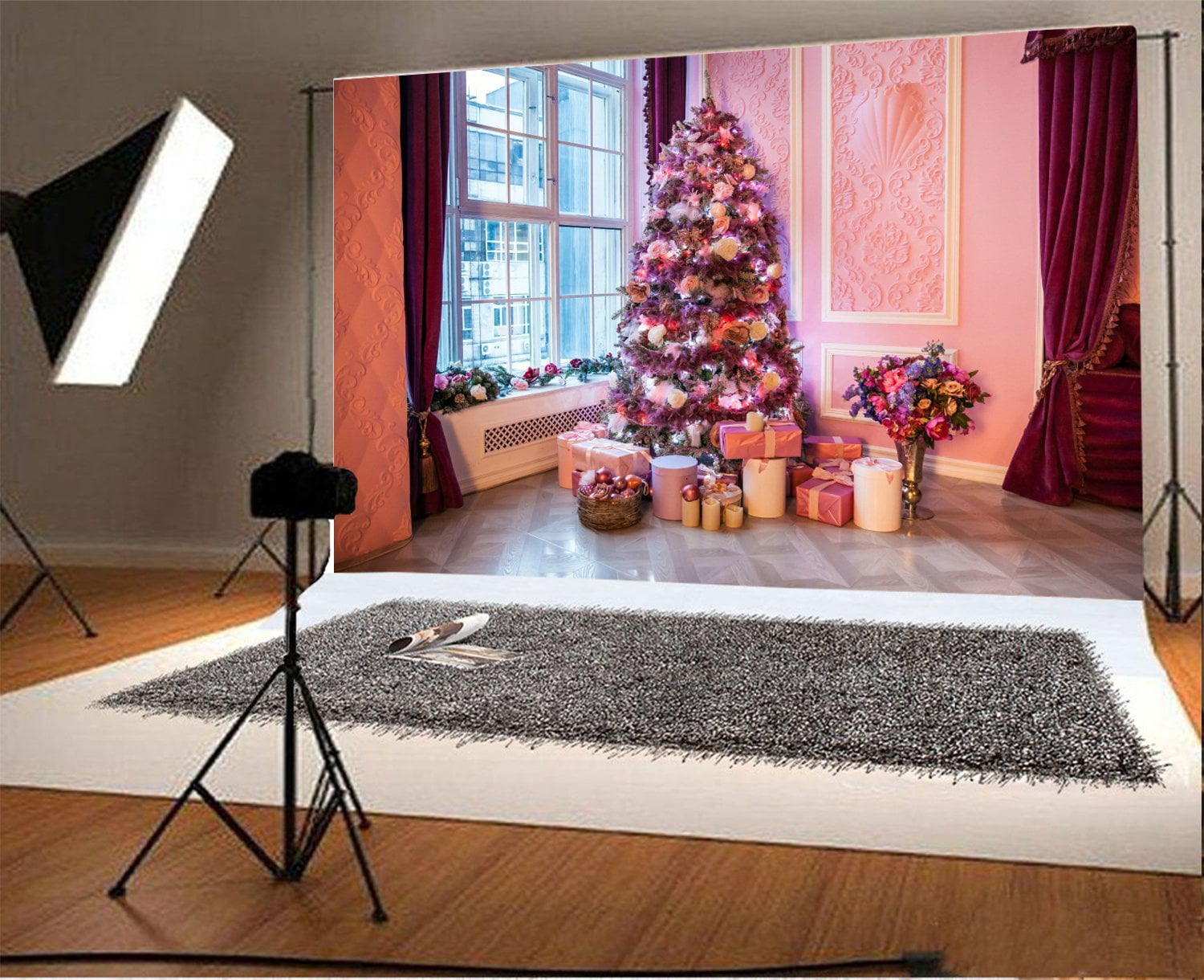 7X5ft PINK Interior Room Christmas Decoration Photography Backdrop & Studio Prop 