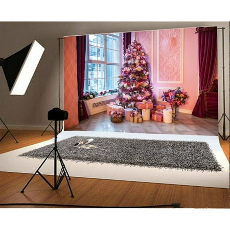 Image of MOHome 7x5ft Backdrop Photography Background Pink Toys Christmas Background New Year Tree Decorated Room Interior Presents Boxes Window Curtain Chic Wall Party Decoration Photo Stduio Prop