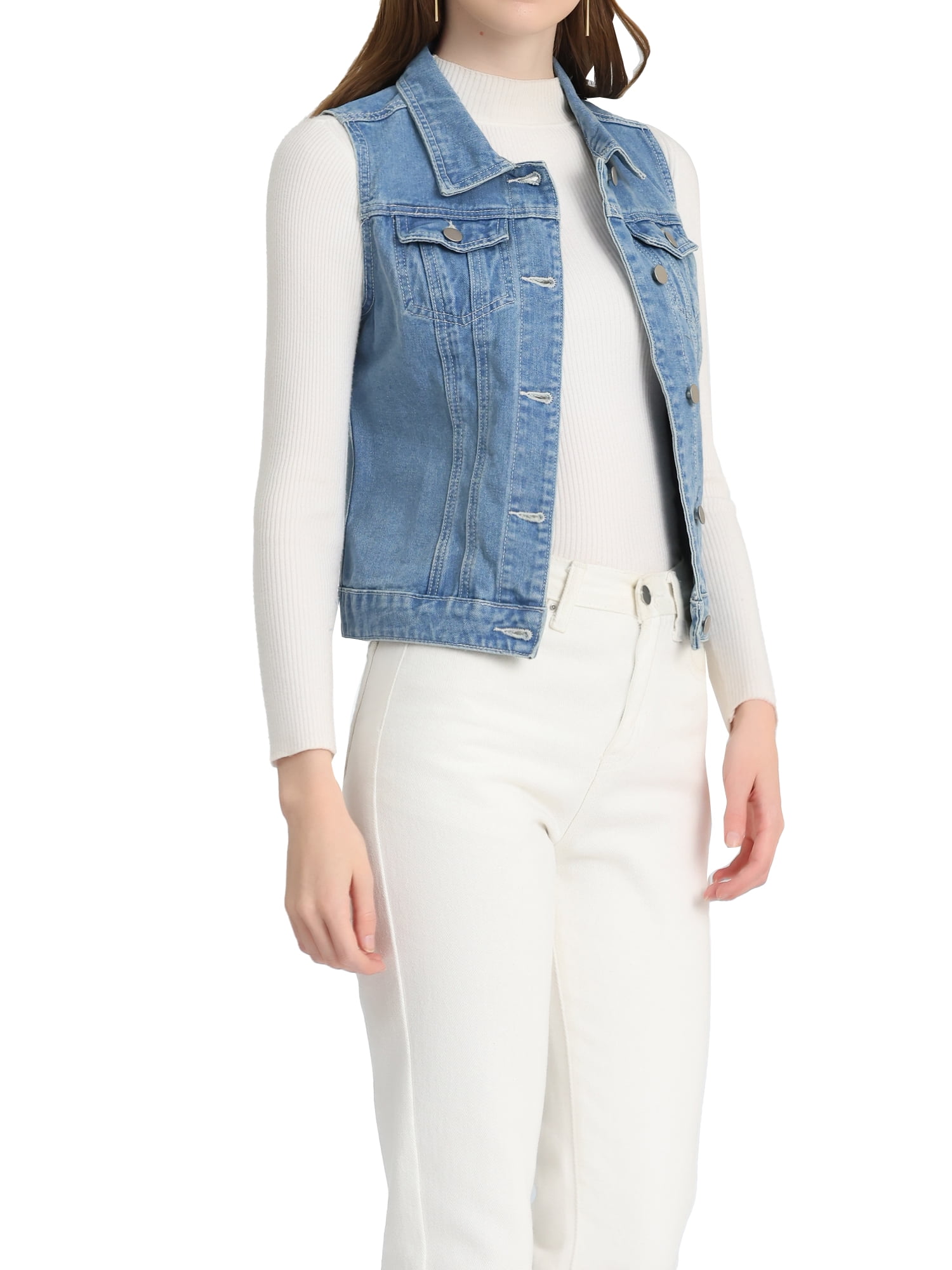 DARING DIVA Women's Denim Sleeveless Flap Pockets Vest Jacket S Light Blue-B