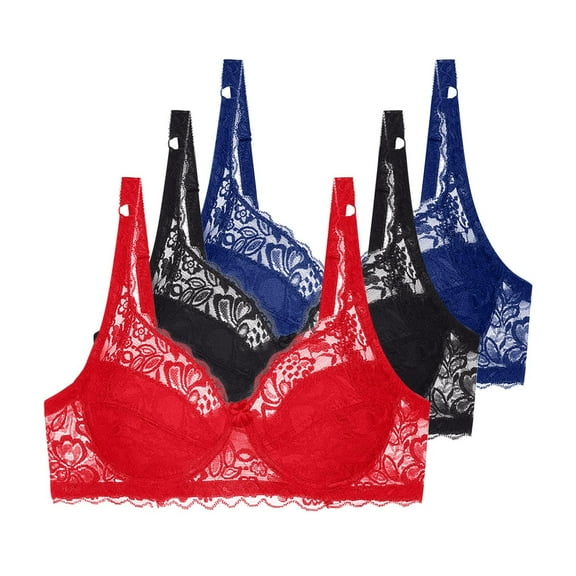Fatuov Women's Lace Wire Bra Comfort Bra for Outdoor, Supportive Full Coverage Solid Color Push Up Lightly Lined Bra 3-Pack, 38C, Blue