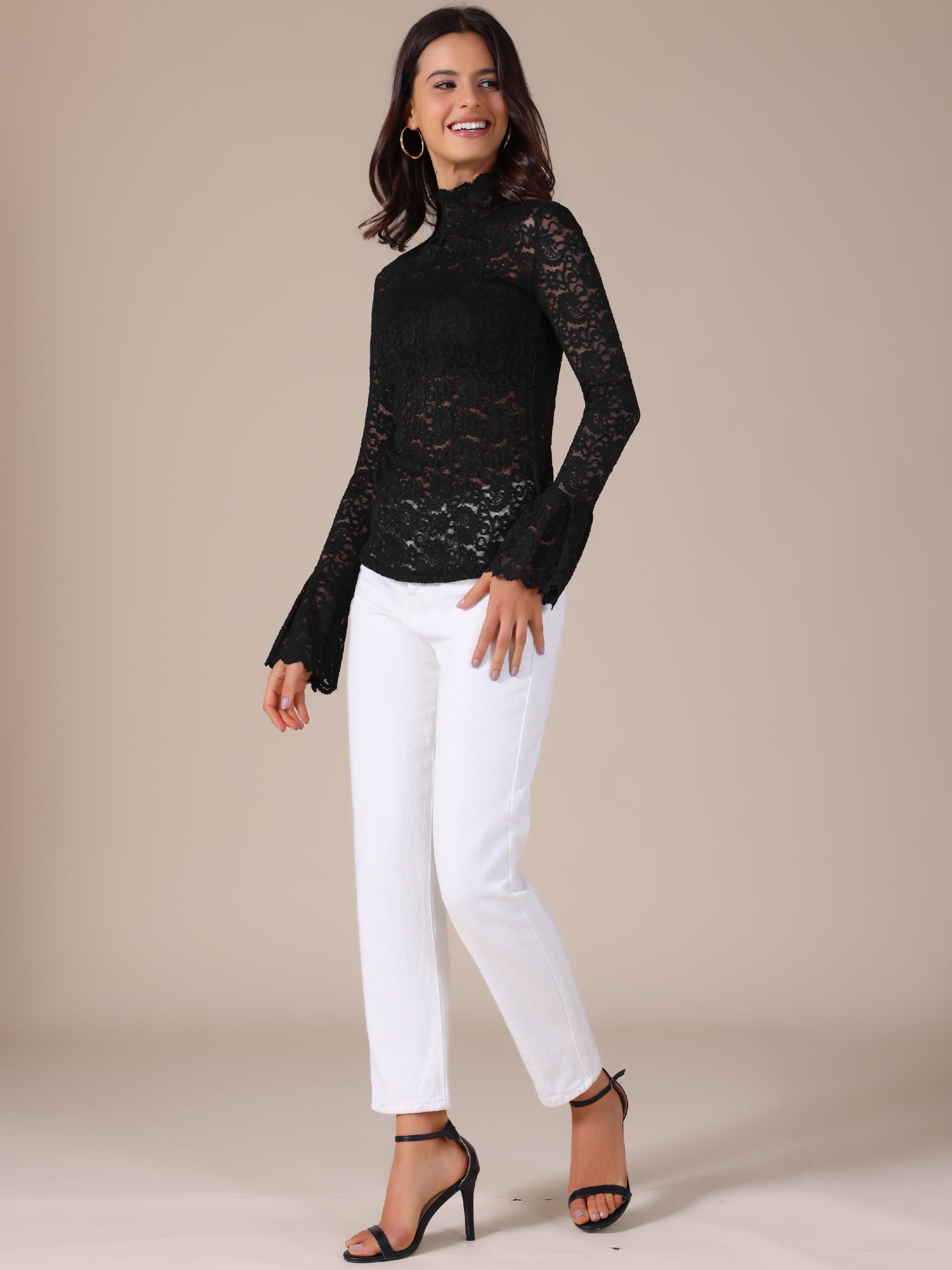 DARING DIVA Women's Lace High Neck Bell Long Sleeve Sheer Mesh Blouses XL Black
