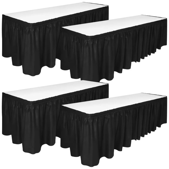 4 Pack Black Plastic Table Skirt – 14ft x 28.7” Disposable Table Cover with Adhesive Backing for Parties, Weddings, Banquets & Events