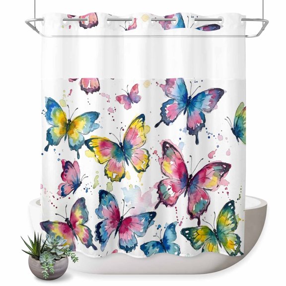 No Hook Shower Curtain, Colorful Butterfly Shower Curtains for Bathroom with See Through Top Window, Elegant Pastoral Butterflies Watercolor Waterproof & Washable Bath Curtain Long 72"x78"
