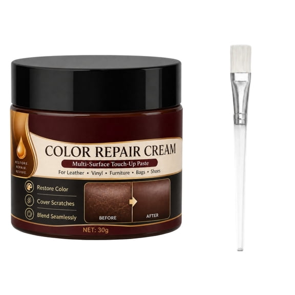 Brown Leather Recolor Repair Cream Kit With Applicator Brush, Multi‑Surface Touch‑Up Paste For Car Seats Sofas Shoes Bags Jackets Restoration,1.06oz