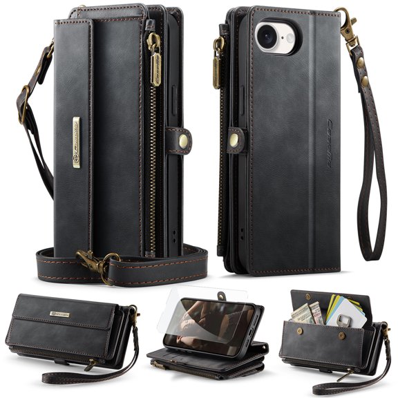 Dteck Wallet Case with Tempered Glass Screen Protector for iPhone 16e,Magnetic Leather RFID Blocking Card Slots Case Stand Bag Cover with Crossbody and Wrist Strap for Women Girls,Black