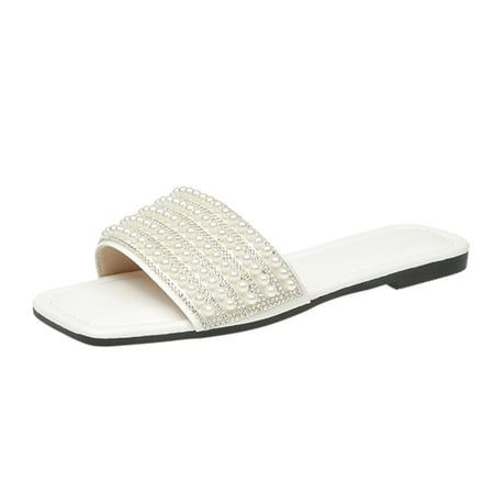 

ZIZOCWA Office Lady Slippers Elegant Pearl Flat Bottom Square Toe Sandals Female 2023 Summer Comfortable Non Slip Beach Slippers Slides White Size6.5
