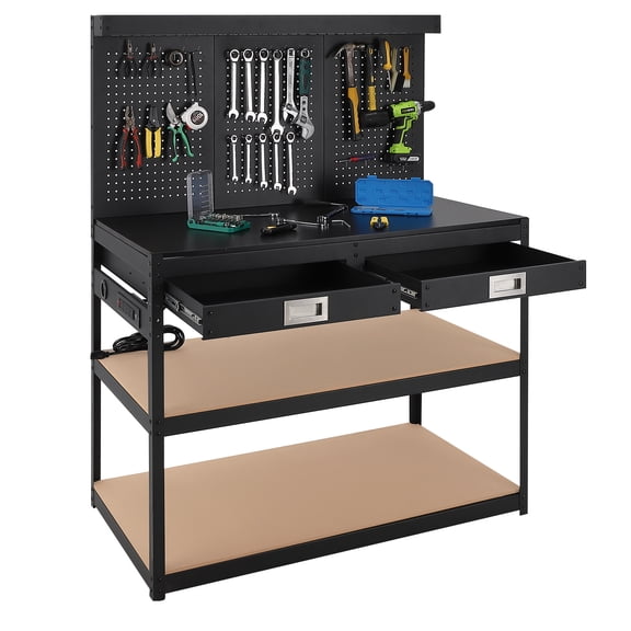 Telyswee Workbench Steel Work Bench for Garage, Heavy Duty Table with Pegboard, 2 Drawers, 1000lbs Capacity, Metal Tool Work Bench, 0.48" Bench Top Thickness Hardwood, 4xAC Power Outlets