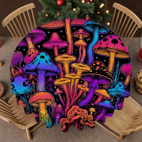 RKSupls Neon Mushroom Moon Star Rainbow Pattern Stain Resistant & Washable Decor, Machine-Made - Holiday-Themed Design Round Tablecloth, Wedding, Party, Home Dining