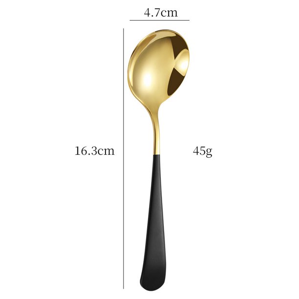 Nvzi 2 cucharas de acero inoxidable con bloques de color dorado y negro, 6,42 x 1,85 pulgadas, borde liso, vajilla para uso diario en familia, servicio de cenas festivas y suministros para catering.