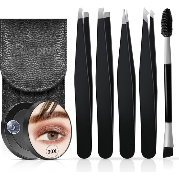 Tweezers for Women Facial Hair, Professional Stainless Steel Tweezer Set with 30X Magnifying Mirror for Precise Removal of Eyebrows, Facial Hair and Ingrown Hair, Travel Tweezers Set 6 Pcs