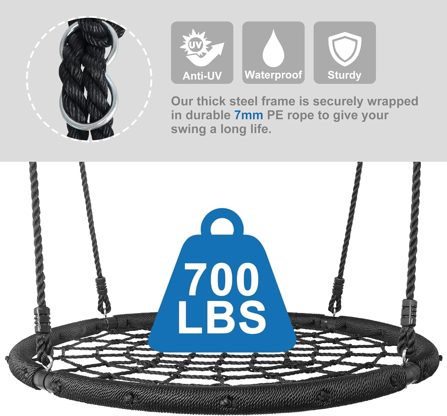 Largest 48" Spider Web Swing Set for Tree 700lbs Extra Large Platform Net Swing 71inch Adjustable Hanging Ropes - Attaches to Trees or Existing Swing Frame for Multiple Kids or Adult Black